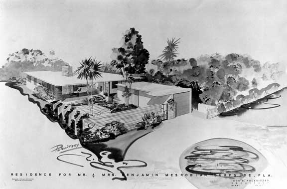Igor Polevitzky's Mesrobian Residence is built around a series of patios that inflect from the street through the house, dividing the living and sleeping areas. Since the house is oriented toward the street to allow for cooling by southeast trade winds, masonry site walls and wood baffles are used to provide privacy. Aerial perspective rendering by Igor Polevitzky, 1940s. Igor Polevitzky Collection, Museum of Miami, 1986-222-919.