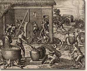Theodor de Bry, 1528-1598. Nigritae exhaustis venis metallicis: conficiendo faccharo operam dare debent. Frankfurt: de Bry, 1623. The title of this engraving reads: