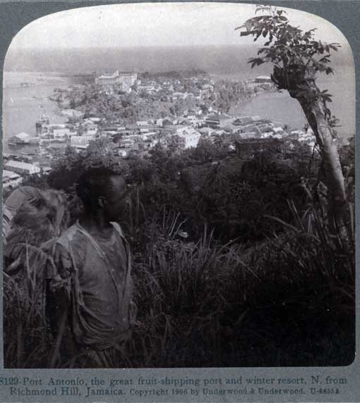 Port Antonio, the great fruit-shipping port and winter resort, n. from Richmond Hill, Jamaica. New York : Underwood & Underwood, 1906. Image number 1995-530-7