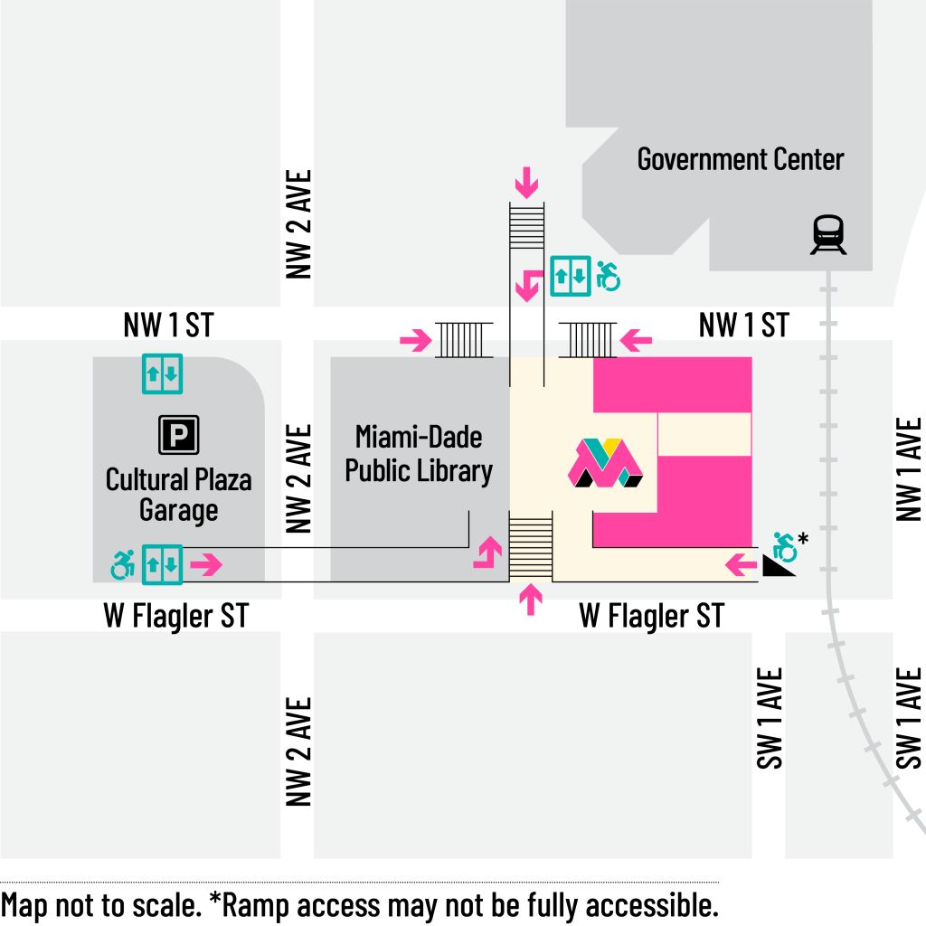 A map of the museum's location in proximity to government center (to the north), and the miami-dade cultural center parking garage to the west.