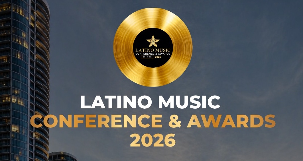 A gold record above the words "Latino Music Conference & Awards 2026" A skyscraper can be seen to the left.