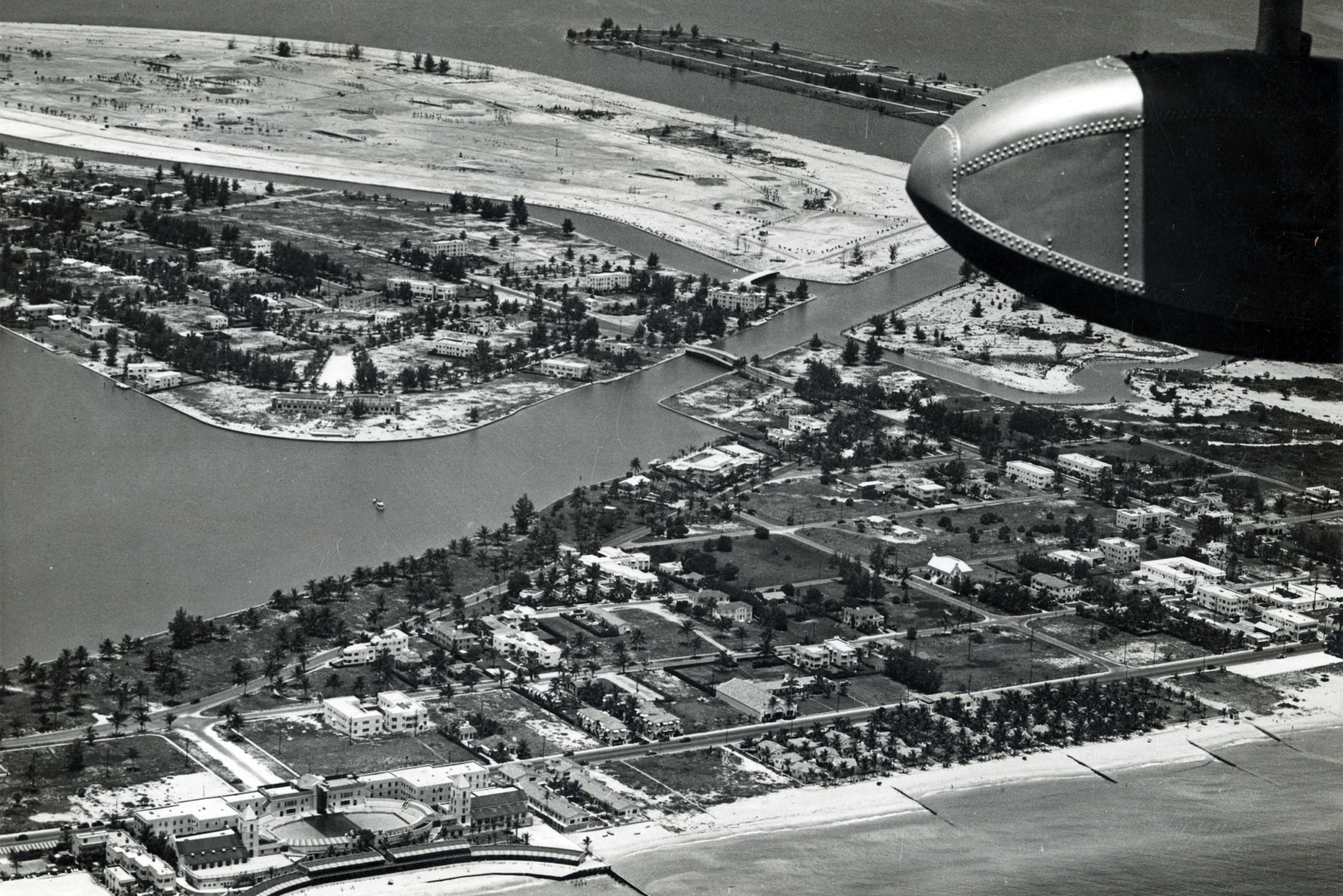 Black and white archival image. Aerial view of Normandy Isle and the North Beach area.