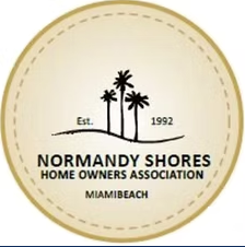 A round logo with three palm trees with the words, "Normandy Shores Home Owners Association Miami Beach est. 1992"
