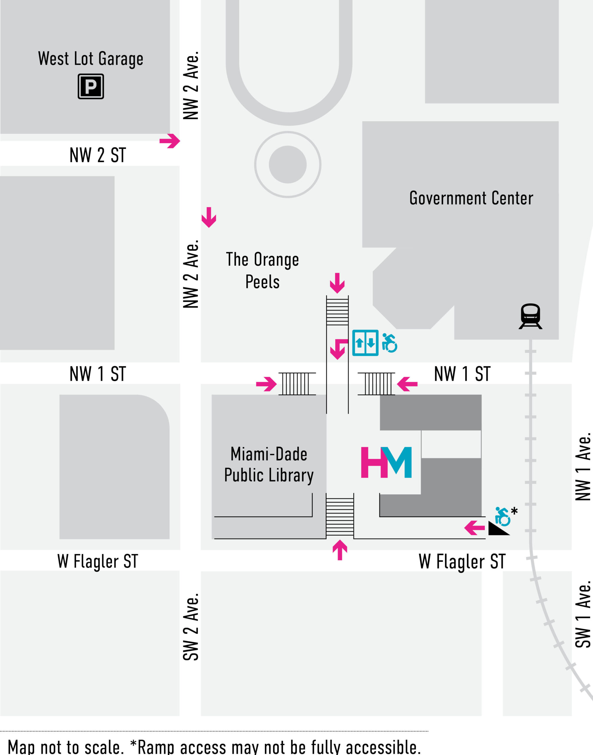 Map of Cultural Center Plaza with nearby Government Center. The West Lot Garage is highlighted with pink arrows leading to Museum of Miami.