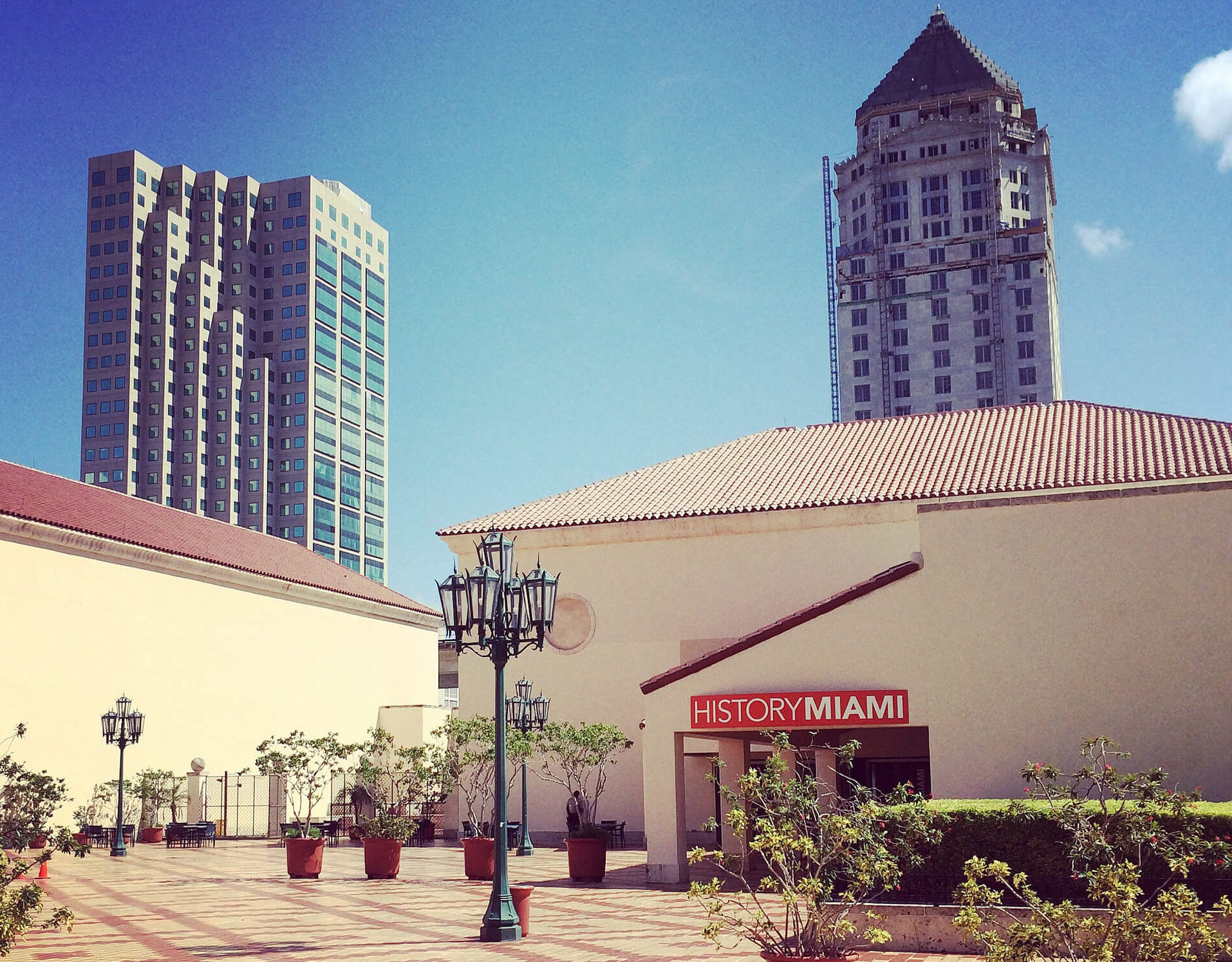Exterior view of Museum of Miami from the Cultural Center plaza. The courthouse is visible in the background.