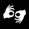White hands signifying ASL interpretation on a black background