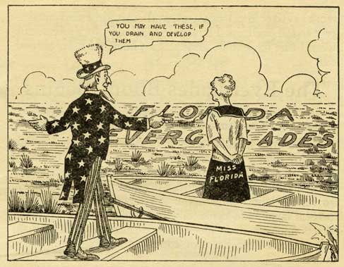 The Swamp Land Act of 1850 transferred wetlands from the federal government to the states. Florida gave most of its submerged land to railroad companies and other developers in exchange for drainage projects and railroad construction. Cartoon from