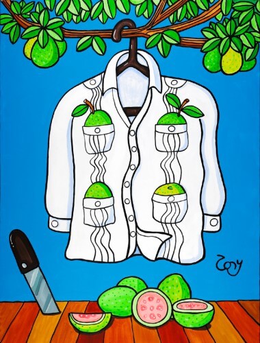 Guayaba-Bera. 2011. Acrylic on canvas. Painted by Tony Mendoza. In this work, Cuban-American artist Tony Mendoza depicts the popular belief that one early use of the guayabera’s pockets was to store guayabas (guavas), a function that may have inspired the shirt’s name.