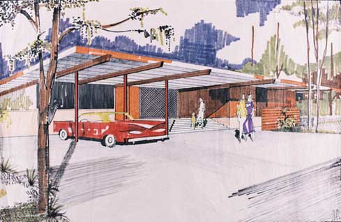 Rufus Nims's Bloom Residence in the northern Miami neighborhood of Keystone Point is an atrium house. The living areas are grouped in modules below a low-slung, wafer-thin roof that shades and cools the fluid indoor/outdoor environment, including patios, terraces and a carport. Courtesy of Smathers Libraries, University of Florida.