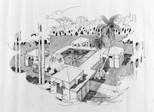 This project is one of Rufus Nims many experiments in constructing houses by spraying concrete onto wire mesh. The project also offers a solution to the problems of privacy and noise created by houses with open-air designs. Here Nims breaks the house into multiple pavilions and arrays them around a central screened atrium. House of the Four Corners, early 1960s. Courtesy of Smathers Libraries, University of Florida.