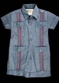 Baby romper. 2012. Denim. Guayaberas, Etc. Guayabera-inspired pieces are even made for infants. Guayaberas, Etc., run by Cuban-born entrepreneur Rene La Villa, boasts five stores in South Florida and Texas that sell guayaberas for men, women and children. Collection of Museum of Miami. Gift of Guayaberas, Etc. Baby romper. 2012. Denim. Guayaberas, Etc. Guayabera-inspired pieces are even made for infants. Guayaberas, Etc., run by Cuban-born entrepreneur Rene La Villa, boasts five stores in South Florida and Texas that sell guayaberas for men, women and children. Collection of Museum of Miami. Gift of Guayaberas, Etc.