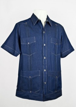 Men’s guayabera. 2012. Denim. Panabrisa. Contemporary guayaberas are produced in a number of places, including China, Mexico and Panama. Alberto Pons Jacobo, a native of Cuba who settled in Panama in 1953, founded Panabrisa. A major manufacturer of guayaberas in the country, the company is currently run by his son, Alberto Pons. Its denim guayabera, featured here, is a present-day example of the use of non-traditional fabric types. Collection of Museum of Miami. Men’s guayabera. 2012. Denim. Panabrisa. Contemporary guayaberas are produced in a number of places, including China, Mexico and Panama. Alberto Pons Jacobo, a native of Cuba who settled in Panama in 1953, founded Panabrisa. A major manufacturer of guayaberas in the country, the company is currently run by his son, Alberto Pons. Its denim guayabera, featured here, is a present-day example of the use of non-traditional fabric types. Collection of Museum of Miami.