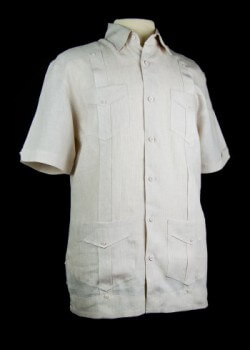 Men’s guayabera. Circa 2012. Linen. Cubavera. Established in 2000, Cubavera is a brand of Perry Ellis International, headquartered in Miami and directed by Cuban-born businessman George Feldenkreis. The wide appeal of Latin culture is an inspiration for the brand’s designs. Cubavera guayaberas are sold at Macy’s department stores, extending the guayabera’s reach and popularity to the mainstream clothing market. Collection of Museum of Miami. Gift of Perry Ellis International. Men’s guayabera. Circa 2012. Linen. Cubavera. Established in 2000, Cubavera is a brand of Perry Ellis International, headquartered in Miami and directed by Cuban-born businessman George Feldenkreis. The wide appeal of Latin culture is an inspiration for the brand’s designs. Cubavera guayaberas are sold at Macy’s department stores, extending the guayabera’s reach and popularity to the mainstream clothing market. Collection of Museum of Miami. Gift of Perry Ellis International.