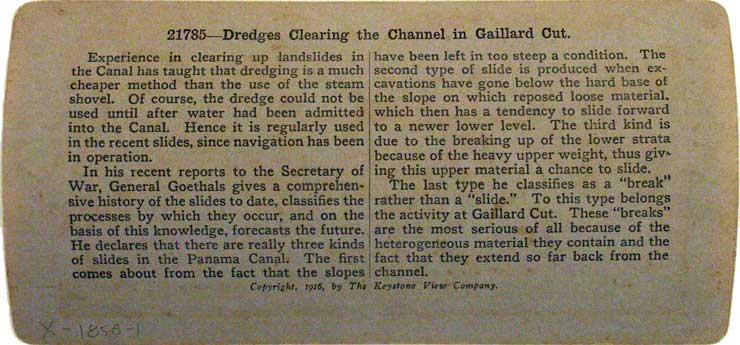Dredges clearing the channel in Gaillard Cut, Panama Canal. Meadville, PA : Keystone View Co., 1916. Image number x-1858-1-back